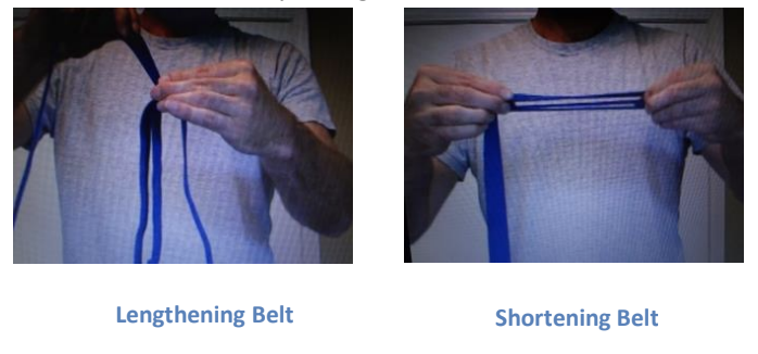The images to the left show how to adjust the length of the belts. Size each belt so that it starts to stretch when the belt clips are approximately 4 inches apart.